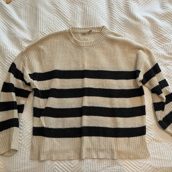Faherty Miramar Linen Black and White Striped Crewneck Sweater Size M - Picture 1 of 4